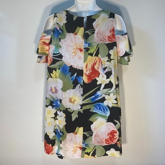 Umgee SZ M Black multi colored floral swing dress with flutter sleeves - Picture 2 of 4